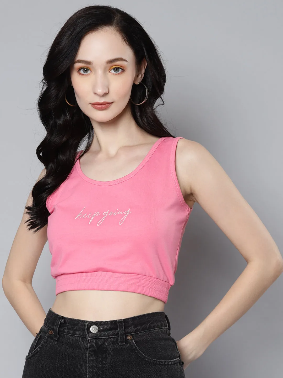 Women Pink Terry Active Keep Going Emb Terry Top