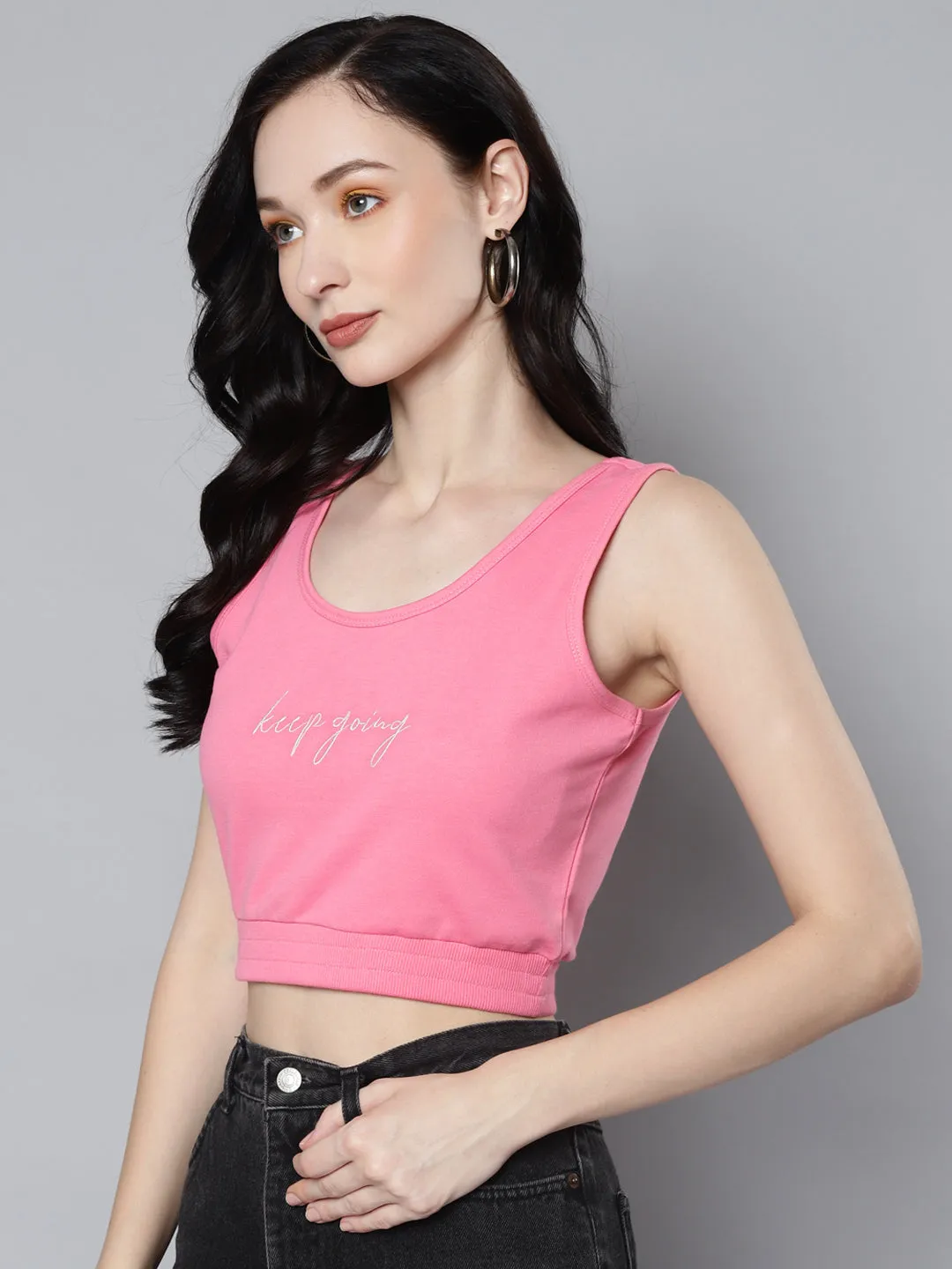 Women Pink Terry Active Keep Going Emb Terry Top