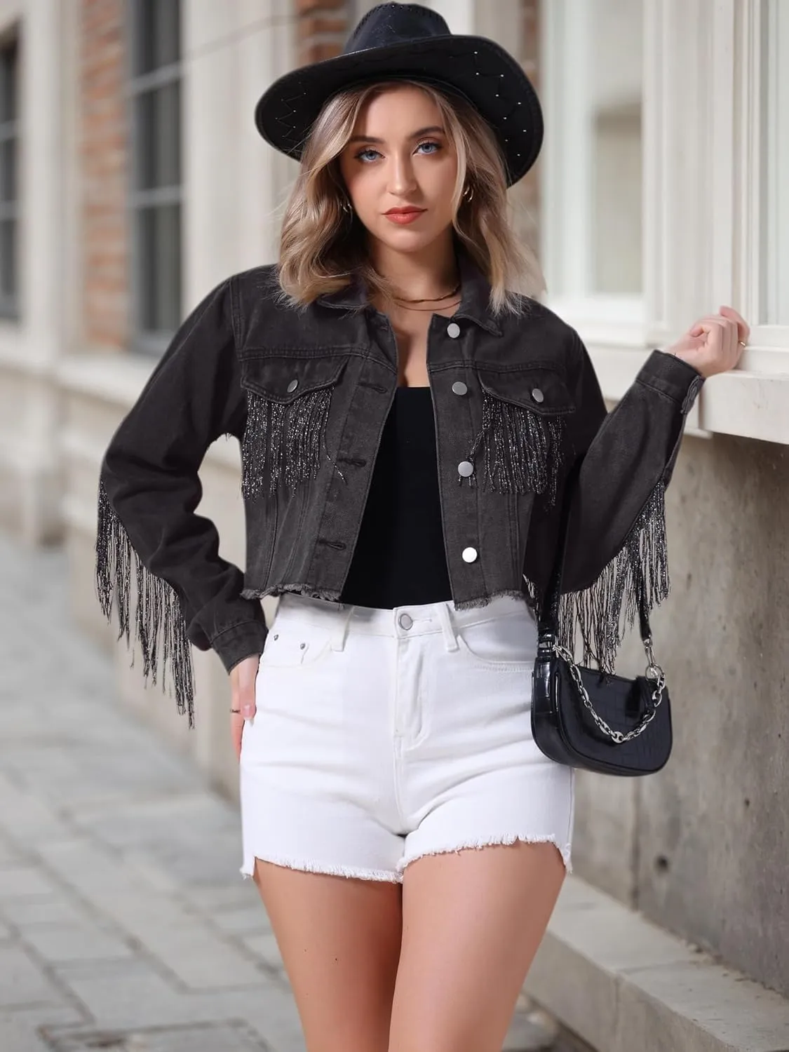 Women's Cropped Jean Jackets Long Sleeve Frayed Hem Tassel Fringe Denim Jacket