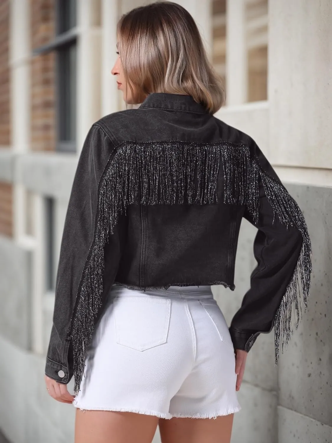 Women's Cropped Jean Jackets Long Sleeve Frayed Hem Tassel Fringe Denim Jacket