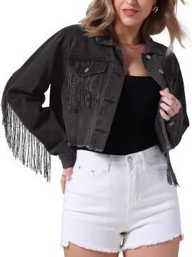 Women's Cropped Jean Jackets Long Sleeve Frayed Hem Tassel Fringe Denim Jacket