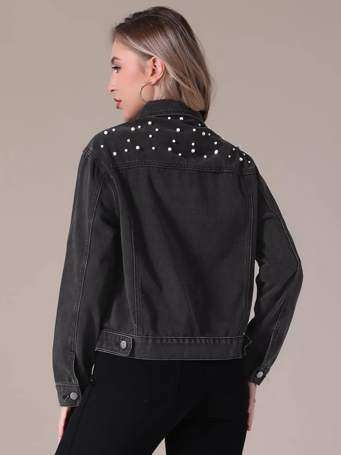 Women's Jean Jacket Trendy Spring Long Sleeve Button Up Pearl Denim Jackets