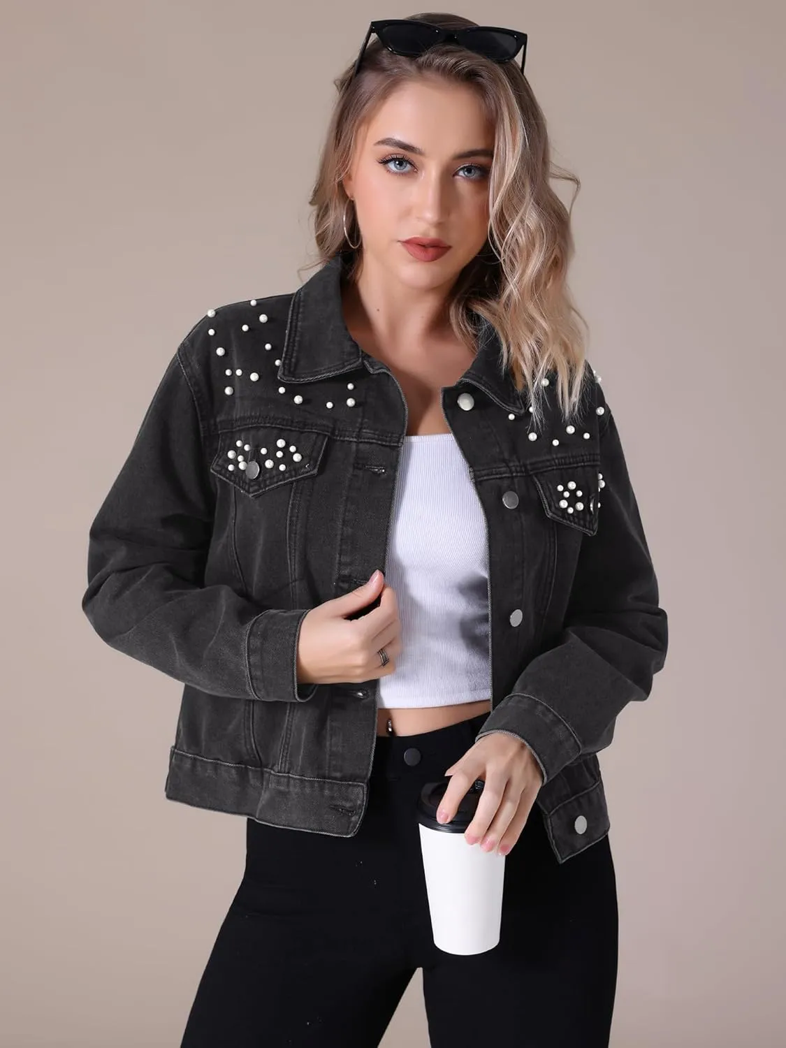Women's Jean Jacket Trendy Spring Long Sleeve Button Up Pearl Denim Jackets