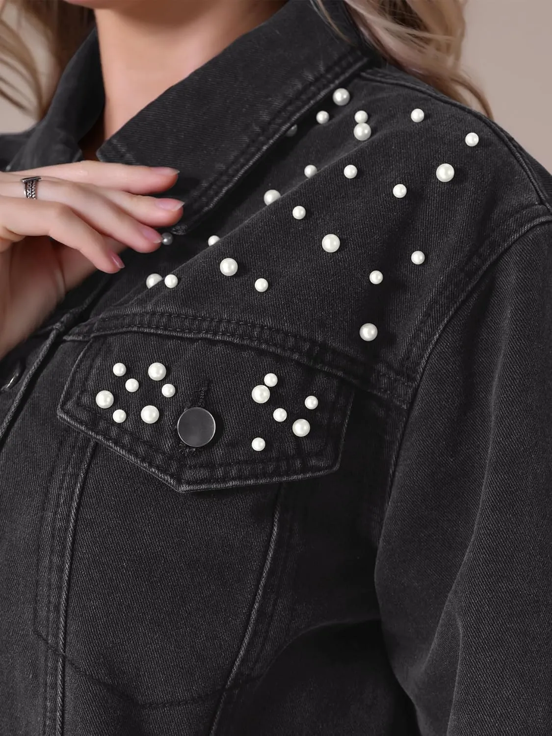 Women's Jean Jacket Trendy Spring Long Sleeve Button Up Pearl Denim Jackets