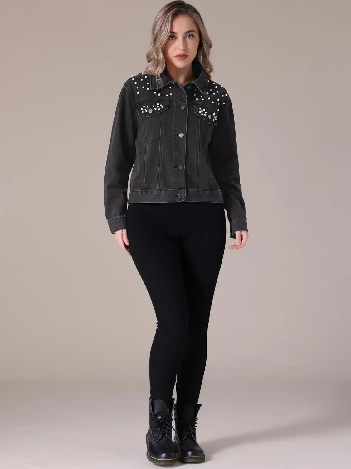 Women's Jean Jacket Trendy Spring Long Sleeve Button Up Pearl Denim Jackets