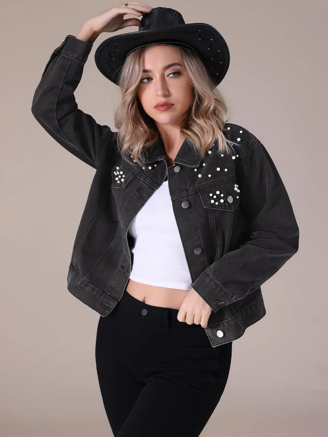 Women's Jean Jacket Trendy Spring Long Sleeve Button Up Pearl Denim Jackets