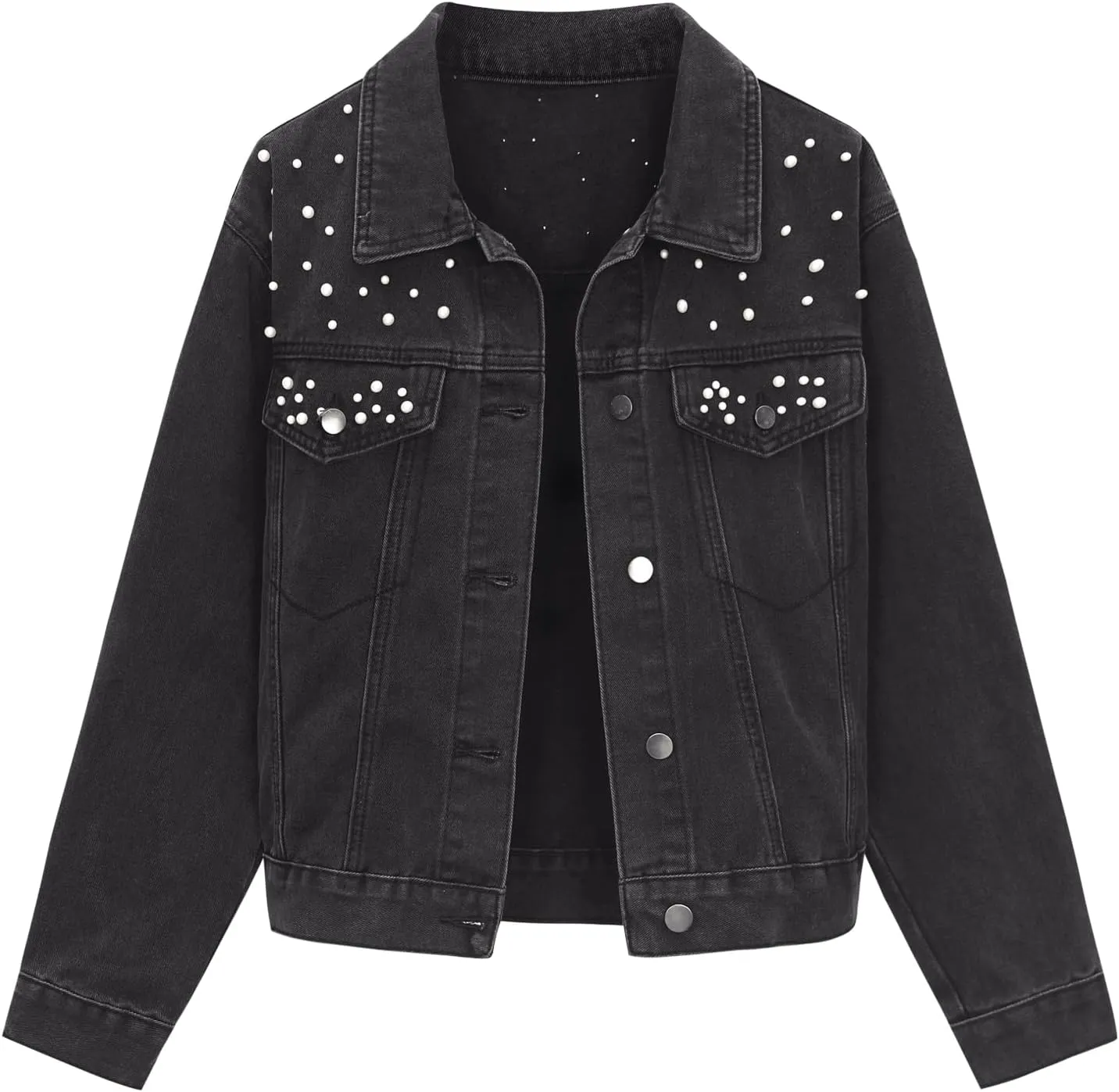 Women's Jean Jacket Trendy Spring Long Sleeve Button Up Pearl Denim Jackets