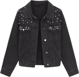 Women's Jean Jacket Trendy Spring Long Sleeve Button Up Pearl Denim Jackets