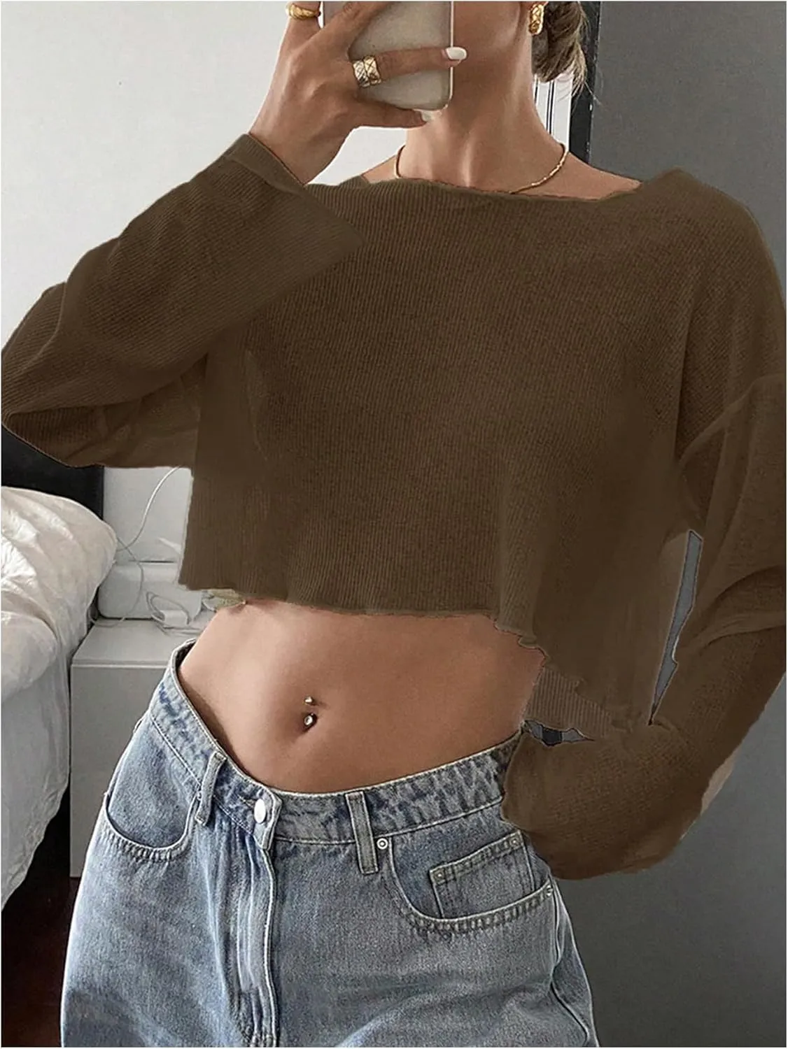 Women's Mesh Sheer Tops Drop Shoulder Lettuce Trim Crop Tops Loose Streetwear Long Sleeve Tee Shirt Going Out Tops