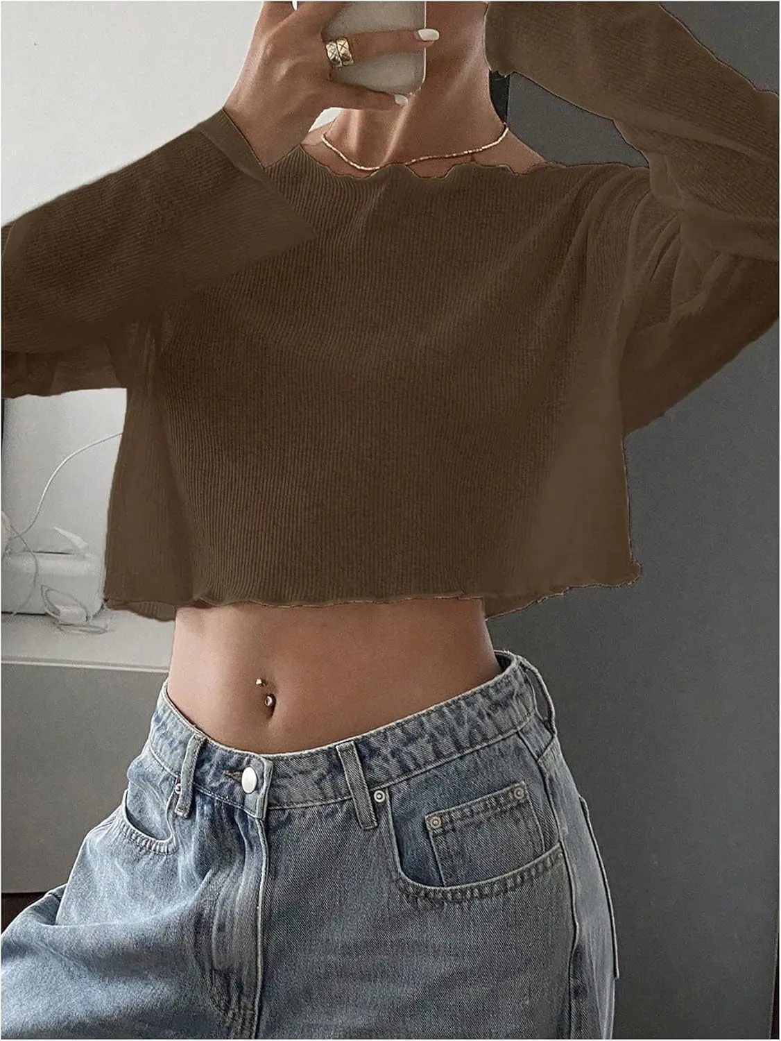 Women's Mesh Sheer Tops Drop Shoulder Lettuce Trim Crop Tops Loose Streetwear Long Sleeve Tee Shirt Going Out Tops