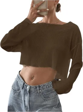 Women's Mesh Sheer Tops Drop Shoulder Lettuce Trim Crop Tops Loose Streetwear Long Sleeve Tee Shirt Going Out Tops