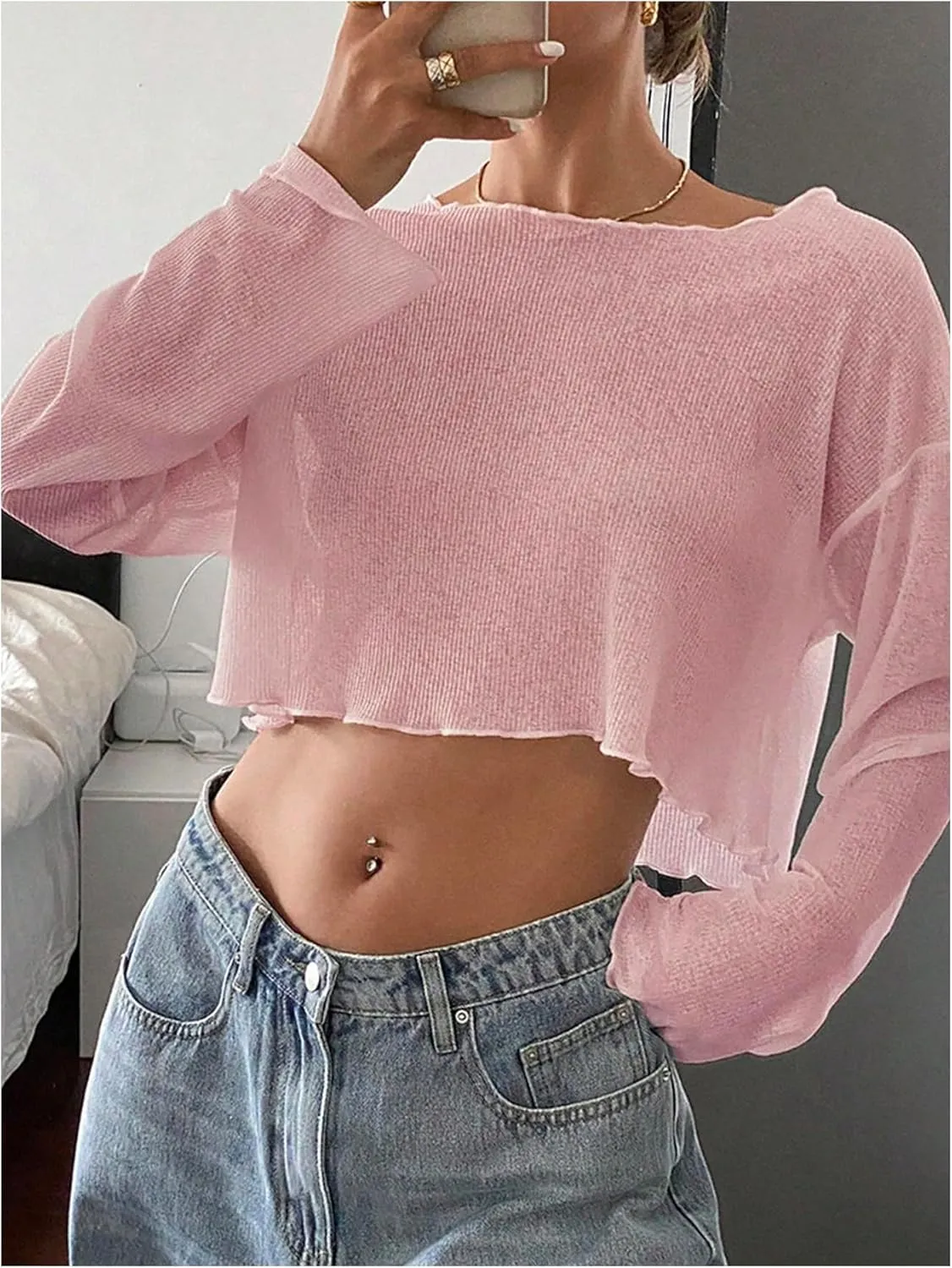 Women's Mesh Sheer Tops Drop Shoulder Lettuce Trim Crop Tops Loose Streetwear Long Sleeve Tee Shirt Going Out Tops
