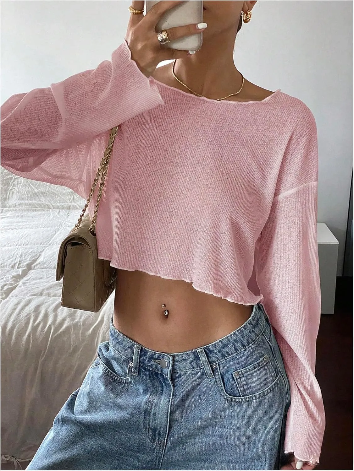 Women's Mesh Sheer Tops Drop Shoulder Lettuce Trim Crop Tops Loose Streetwear Long Sleeve Tee Shirt Going Out Tops