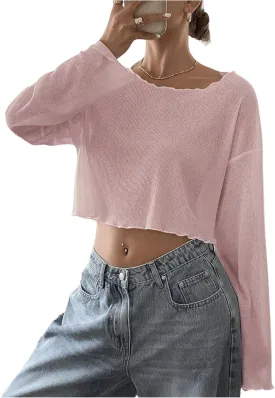 Women's Mesh Sheer Tops Drop Shoulder Lettuce Trim Crop Tops Loose Streetwear Long Sleeve Tee Shirt Going Out Tops