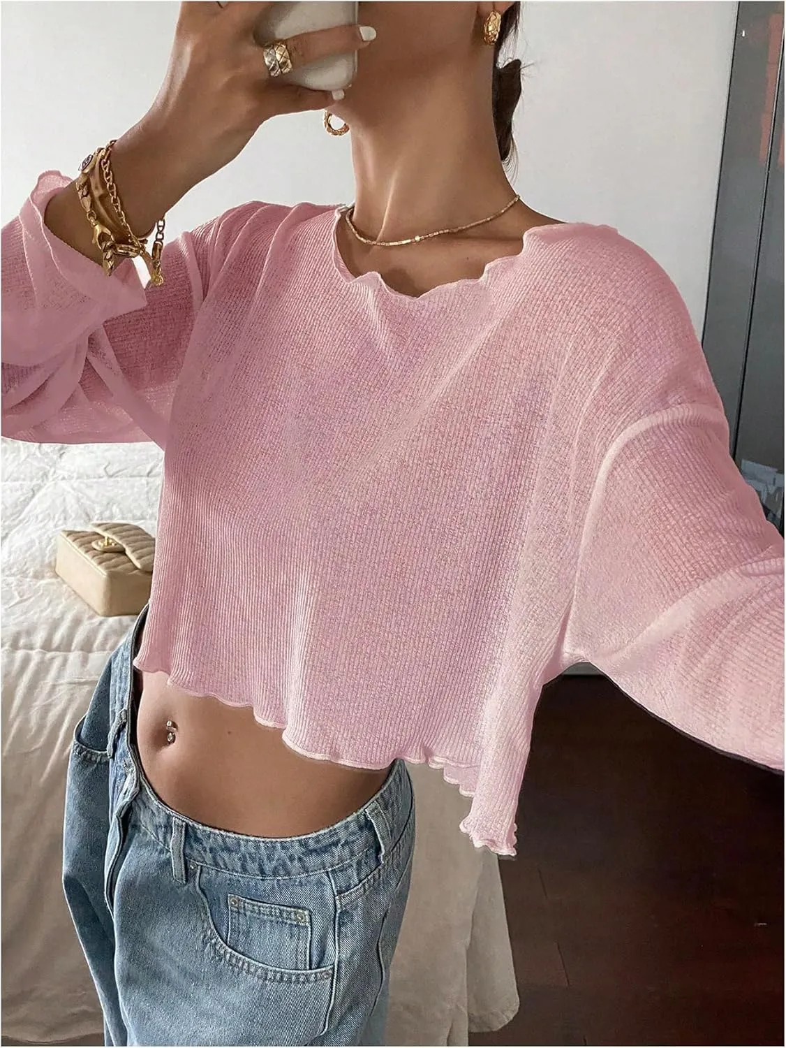 Women's Mesh Sheer Tops Drop Shoulder Lettuce Trim Crop Tops Loose Streetwear Long Sleeve Tee Shirt Going Out Tops