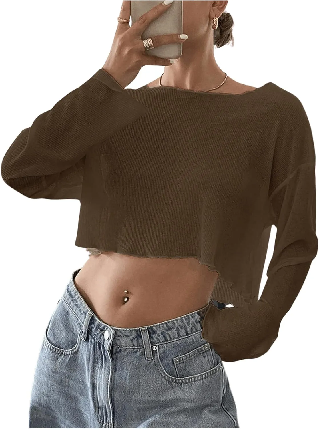 Women's Mesh Sheer Tops Drop Shoulder Lettuce Trim Crop Tops Loose Streetwear Long Sleeve Tee Shirt Going Out Tops