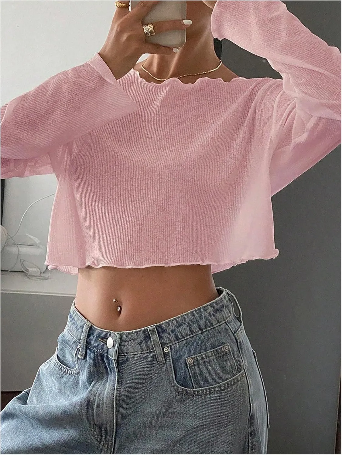 Women's Mesh Sheer Tops Drop Shoulder Lettuce Trim Crop Tops Loose Streetwear Long Sleeve Tee Shirt Going Out Tops