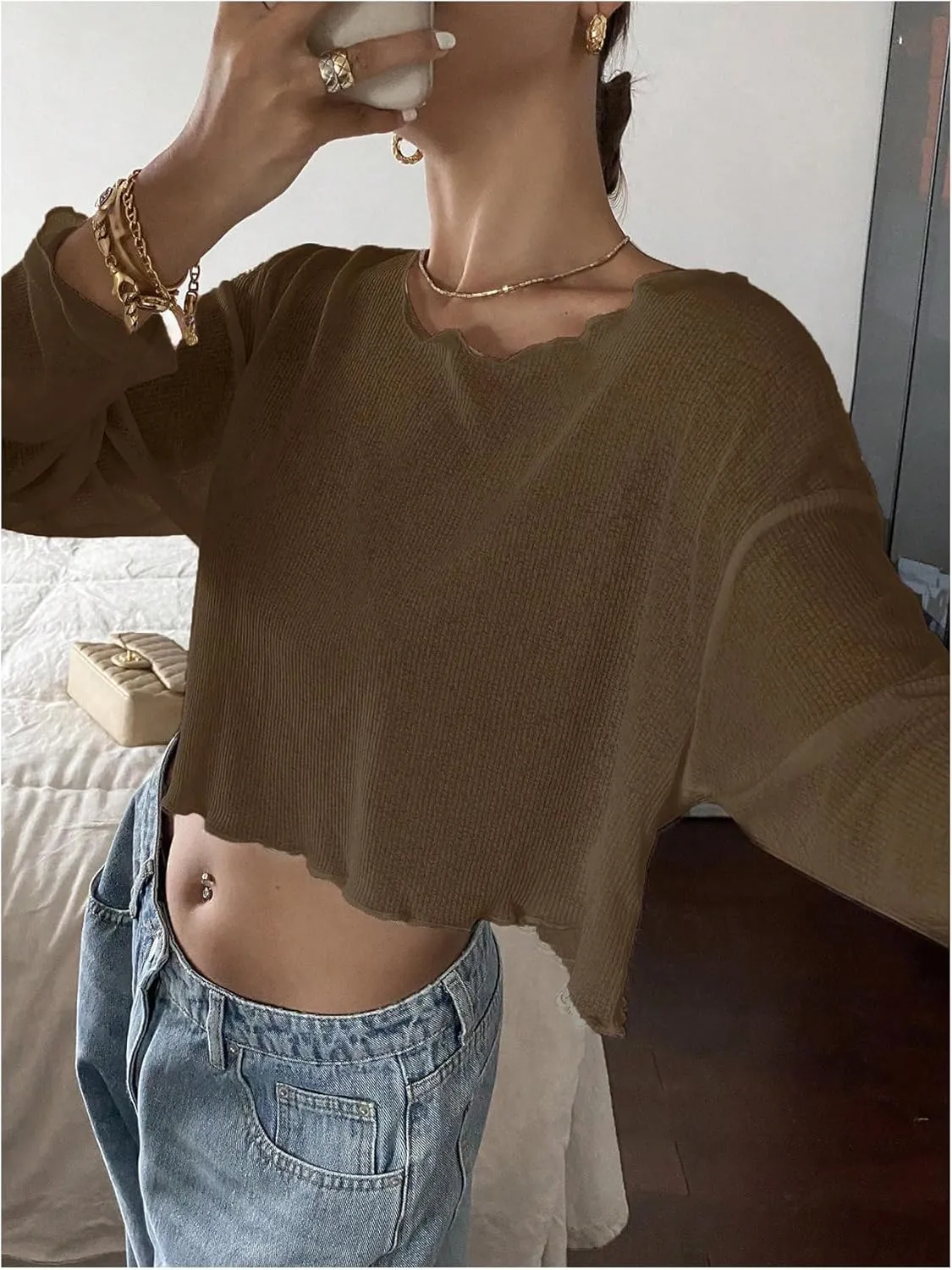 Women's Mesh Sheer Tops Drop Shoulder Lettuce Trim Crop Tops Loose Streetwear Long Sleeve Tee Shirt Going Out Tops