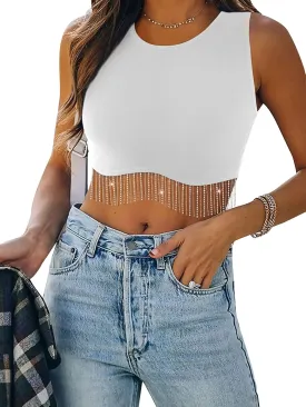 Womens Nashville Sparkly Rhinestone Fringe Sleeveless Crop Tops Y2K Raceback Ribbed Cropped Tank Tops with Glitter Tassel
