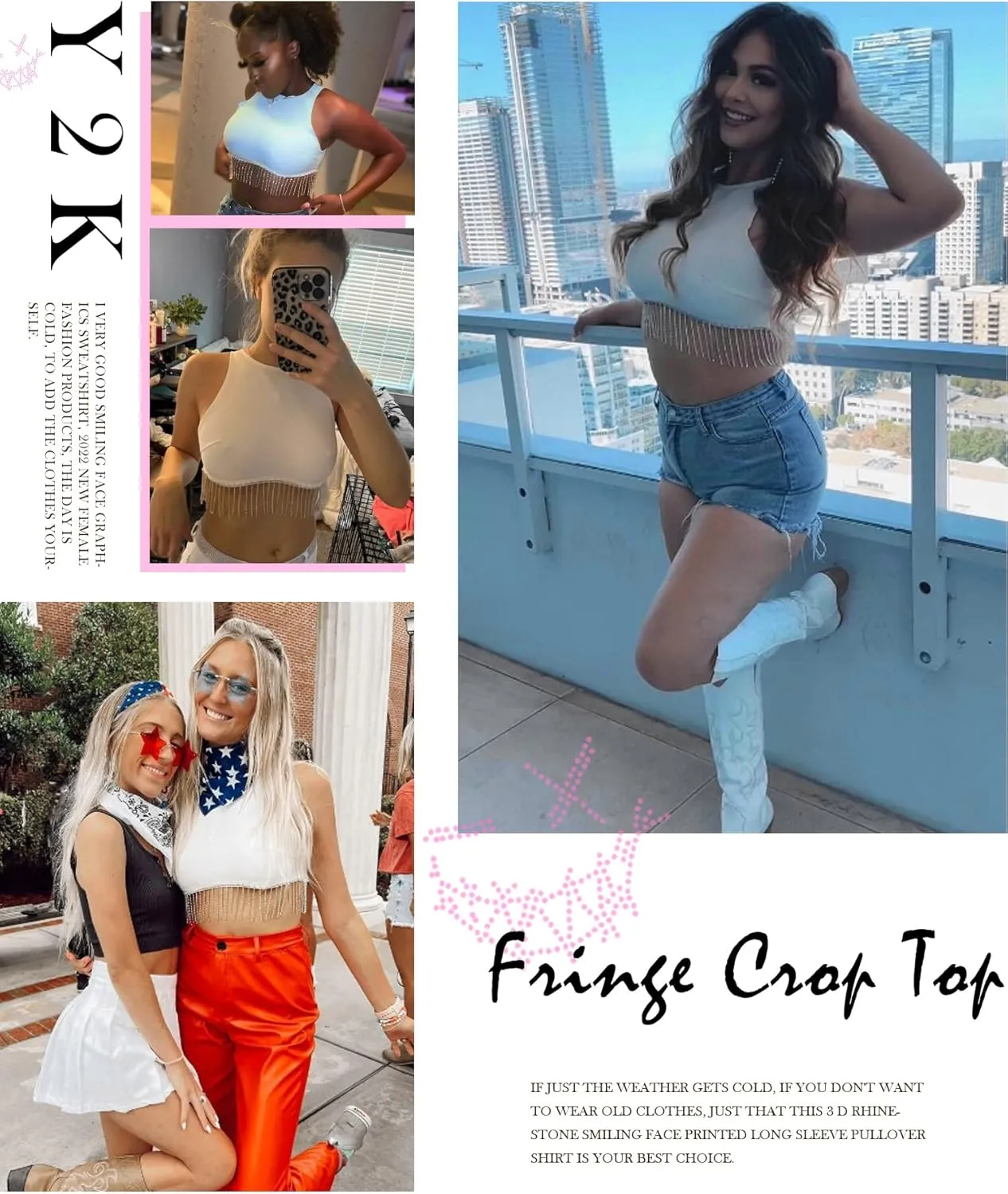 Womens Nashville Sparkly Rhinestone Fringe Sleeveless Crop Tops Y2K Raceback Ribbed Cropped Tank Tops with Glitter Tassel