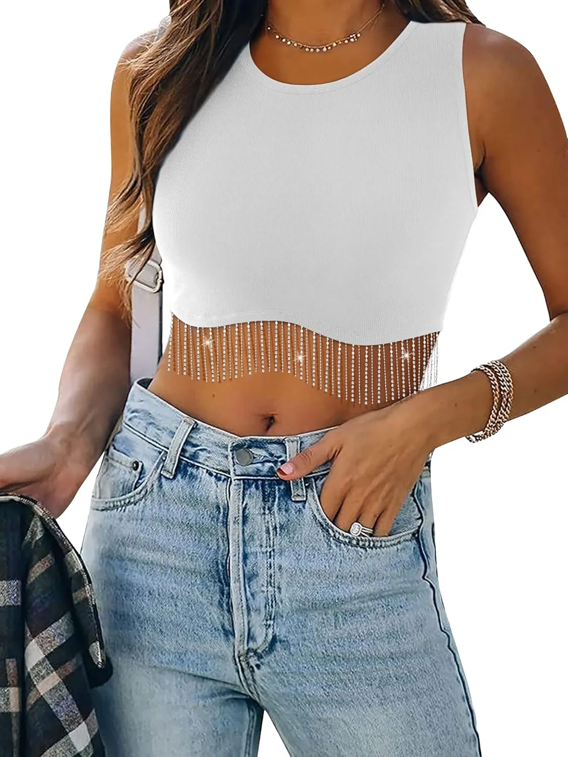 Womens Nashville Sparkly Rhinestone Fringe Sleeveless Crop Tops Y2K Raceback Ribbed Cropped Tank Tops with Glitter Tassel