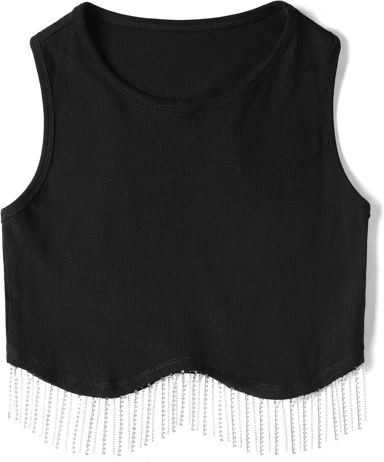 Womens Nashville Sparkly Rhinestone Fringe Sleeveless Crop Tops Y2K Raceback Ribbed Cropped Tank Tops with Glitter Tassel
