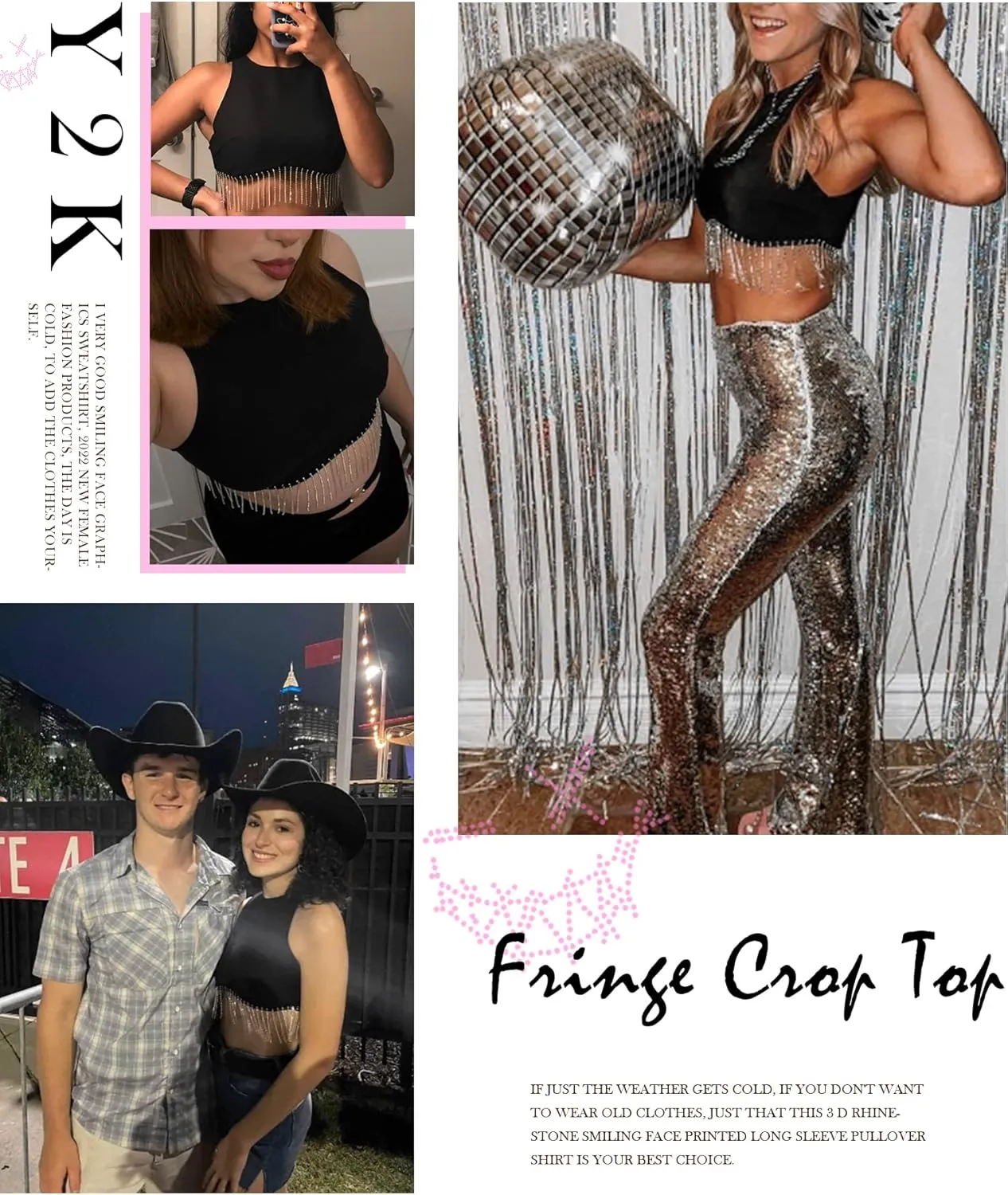 Womens Nashville Sparkly Rhinestone Fringe Sleeveless Crop Tops Y2K Raceback Ribbed Cropped Tank Tops with Glitter Tassel