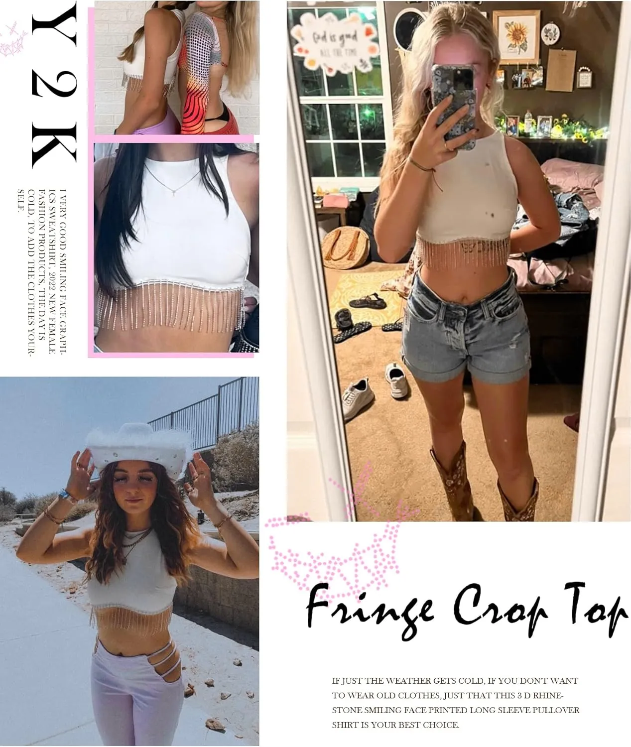 Womens Nashville Sparkly Rhinestone Fringe Sleeveless Crop Tops Y2K Raceback Ribbed Cropped Tank Tops with Glitter Tassel