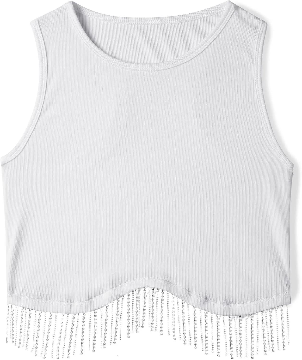 Womens Nashville Sparkly Rhinestone Fringe Sleeveless Crop Tops Y2K Raceback Ribbed Cropped Tank Tops with Glitter Tassel