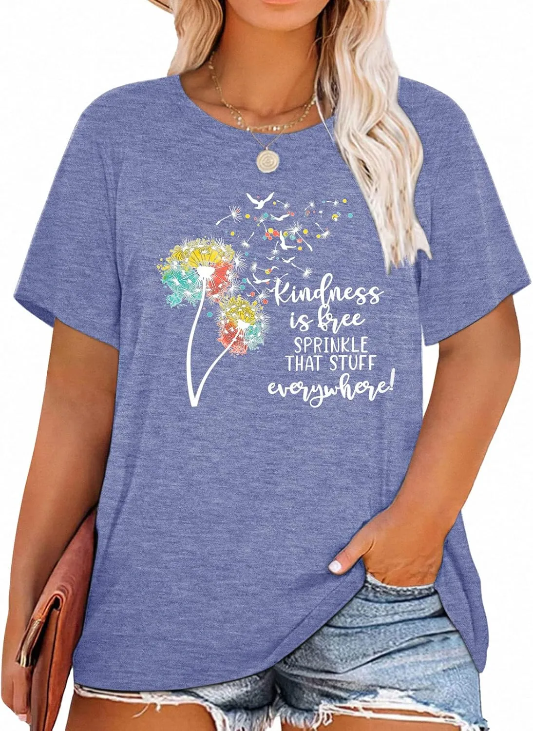 Womens Plus Size Dandelion Print Tshirt Cute Graphic Floral Tees Short Sleeve Summer Blessed Tee Tops