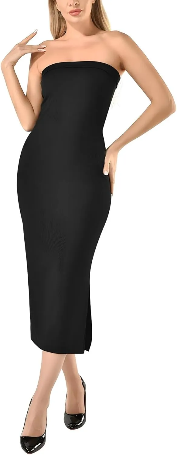 Women's Summer Bodycon Maxi Tube Dress Ribbed Off Shoulder Strapless Side Slit Long Club Party Casual Dresses