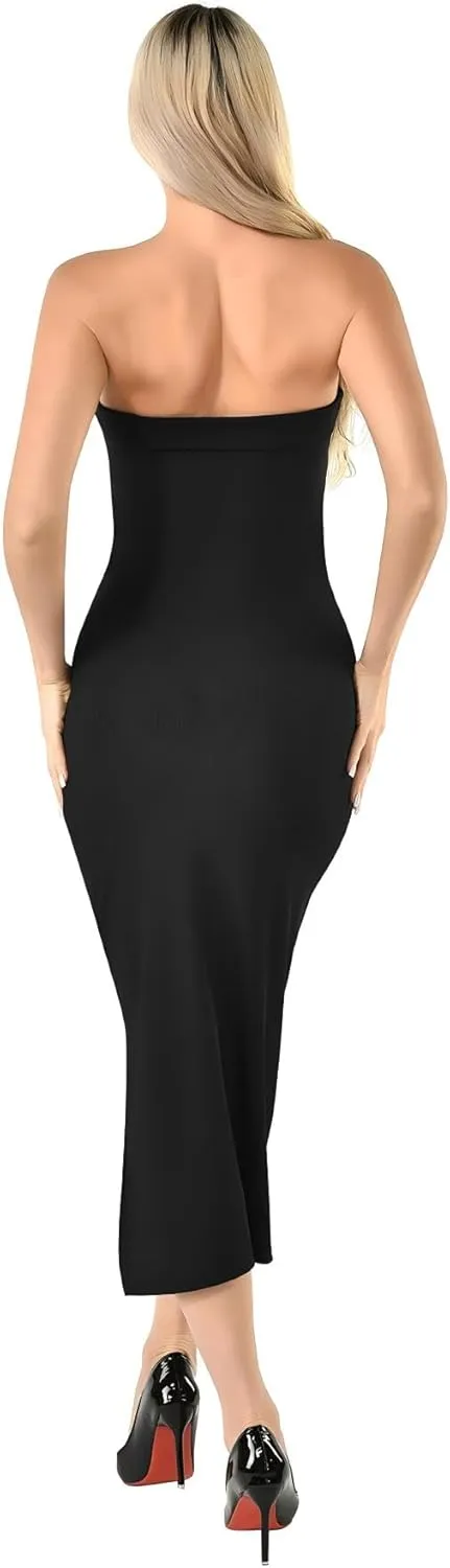 Women's Summer Bodycon Maxi Tube Dress Ribbed Off Shoulder Strapless Side Slit Long Club Party Casual Dresses