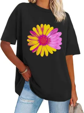 Women's Vintage Floral Crewneck T Shirt Summer Oversized Boho Wildflower Graphic Loose Tees Short Sleeve Casual Tops