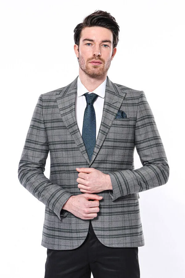 WSS Checked Slim Fit Single Button Green Men Blazer  - Singen