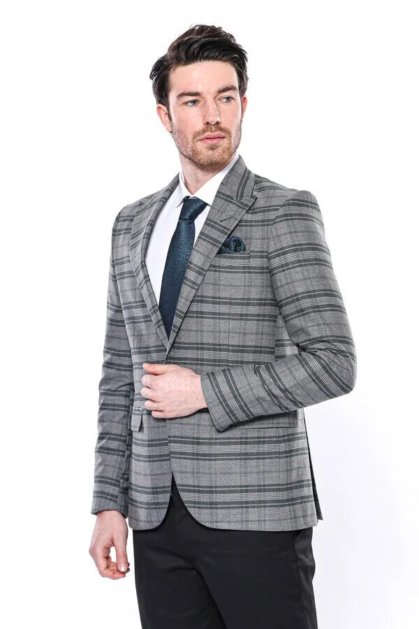 WSS Checked Slim Fit Single Button Green Men Blazer  - Singen