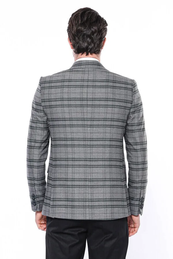 WSS Checked Slim Fit Single Button Green Men Blazer  - Singen