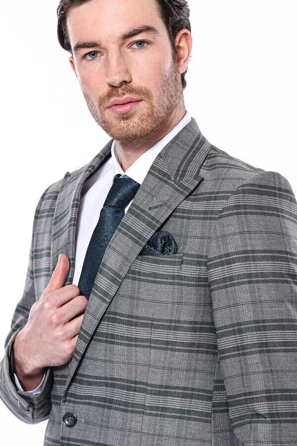 WSS Checked Slim Fit Single Button Green Men Blazer  - Singen