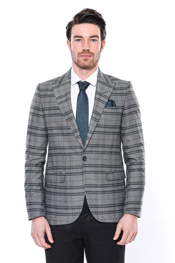 WSS Checked Slim Fit Single Button Green Men Blazer  - Singen