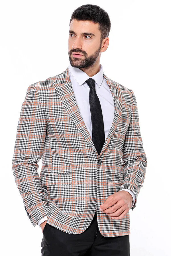 WSS Plaid Slim-Fit Orange Black Men Blazer  - Singen