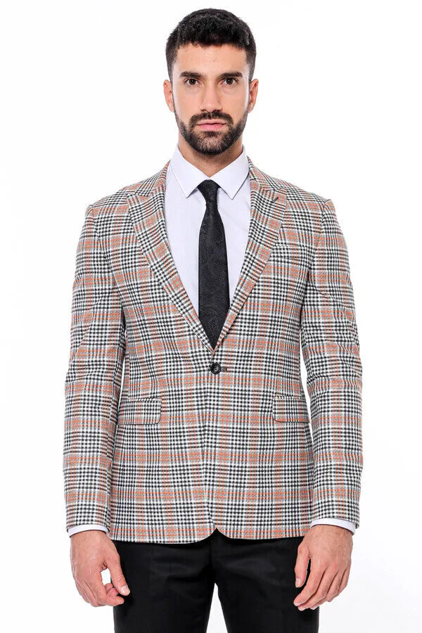 WSS Plaid Slim-Fit Orange Black Men Blazer  - Singen