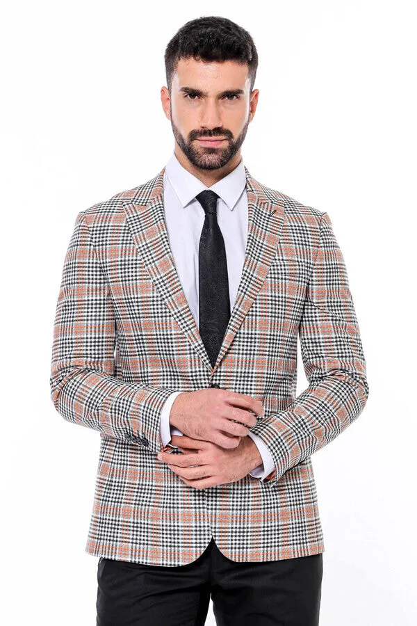 WSS Plaid Slim-Fit Orange Black Men Blazer  - Singen