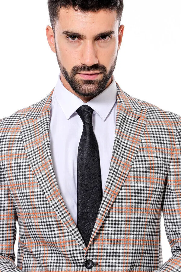 WSS Plaid Slim-Fit Orange Black Men Blazer  - Singen