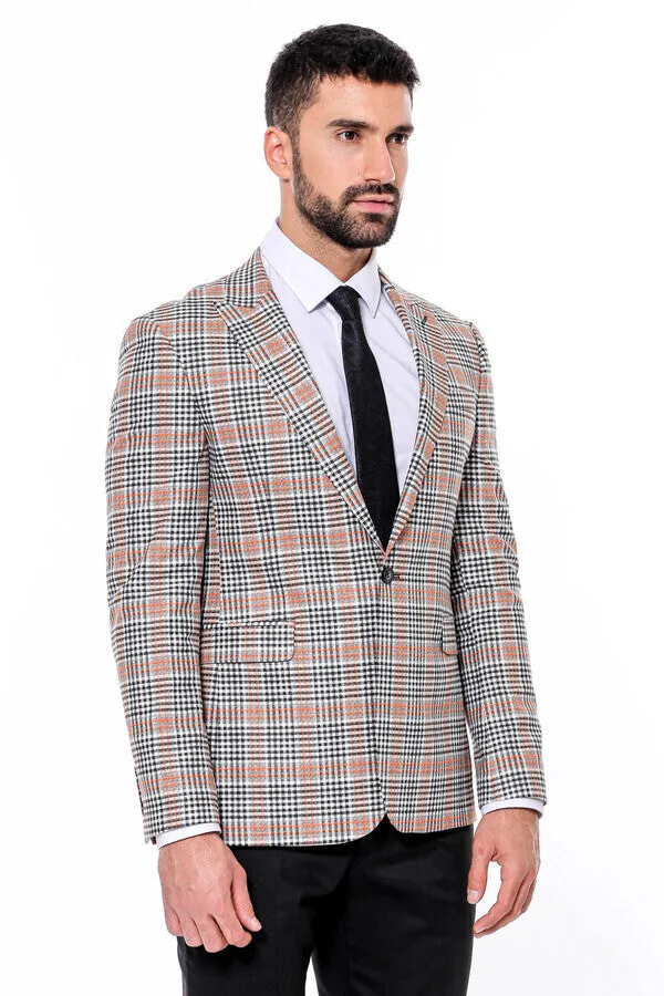 WSS Plaid Slim-Fit Orange Black Men Blazer  - Singen