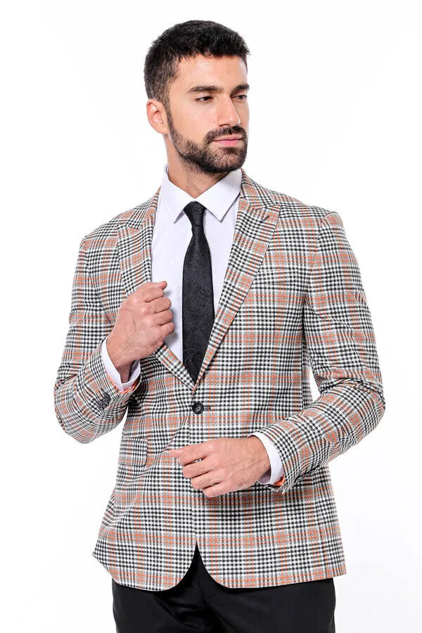 WSS Plaid Slim-Fit Orange Black Men Blazer  - Singen