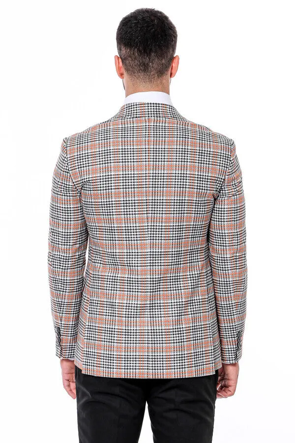 WSS Plaid Slim-Fit Orange Black Men Blazer  - Singen