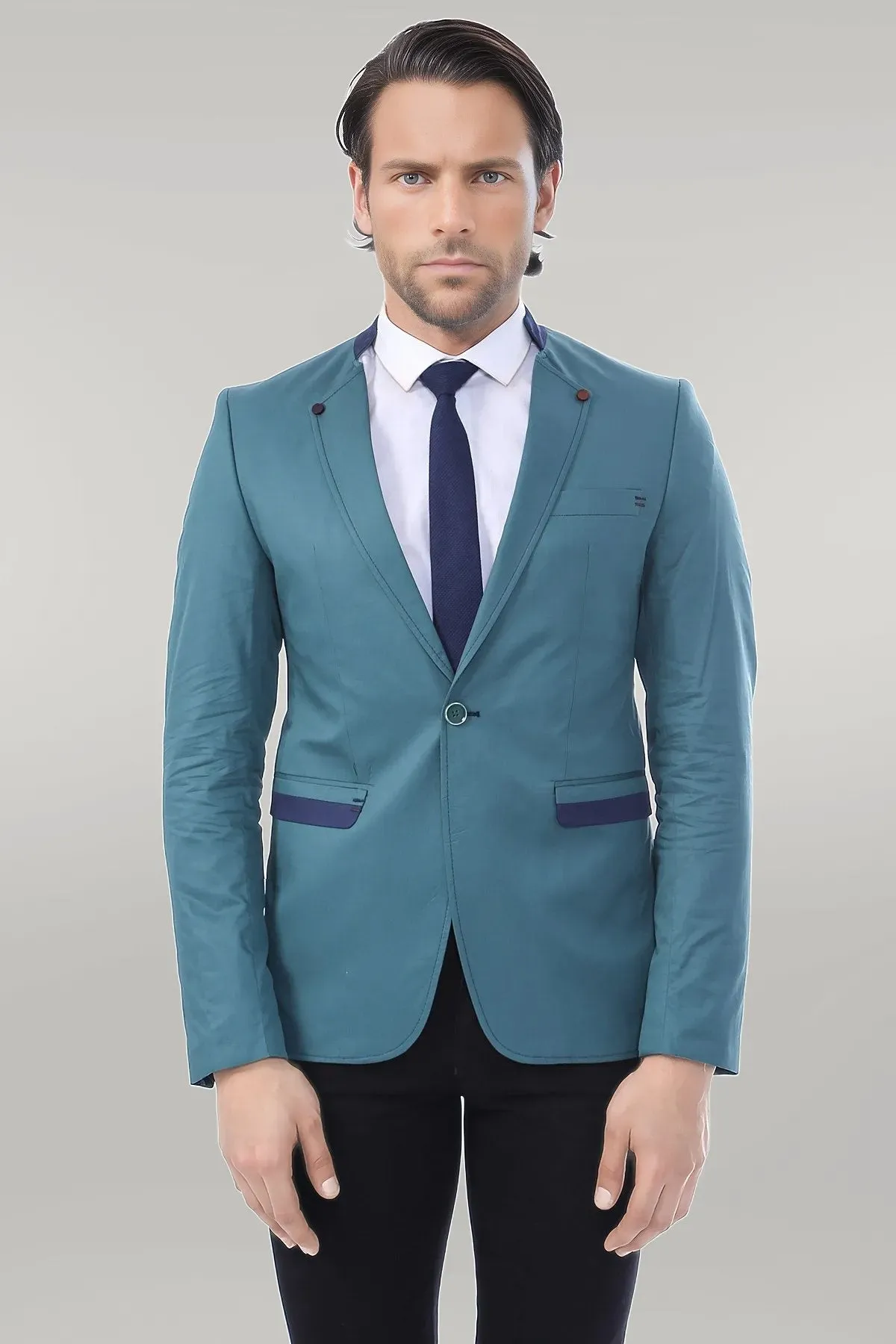 WSS Single Button Standing Collar Green Men Blazer  - Singen