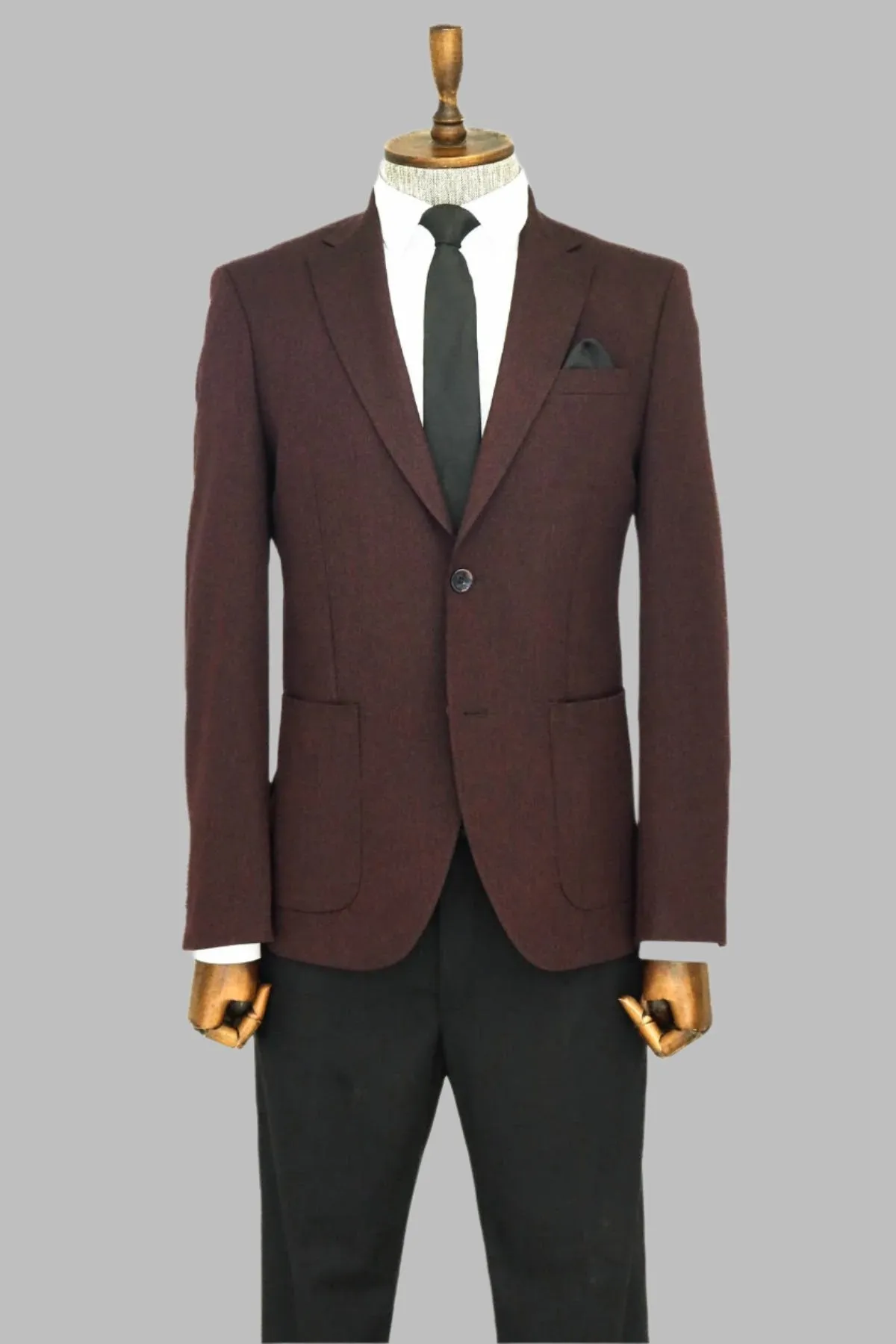 WSS Textured Slim Fit Peak Lapel Burgundy Men Blazer  - Singen