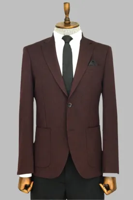 WSS Textured Slim Fit Peak Lapel Burgundy Men Blazer  - Singen