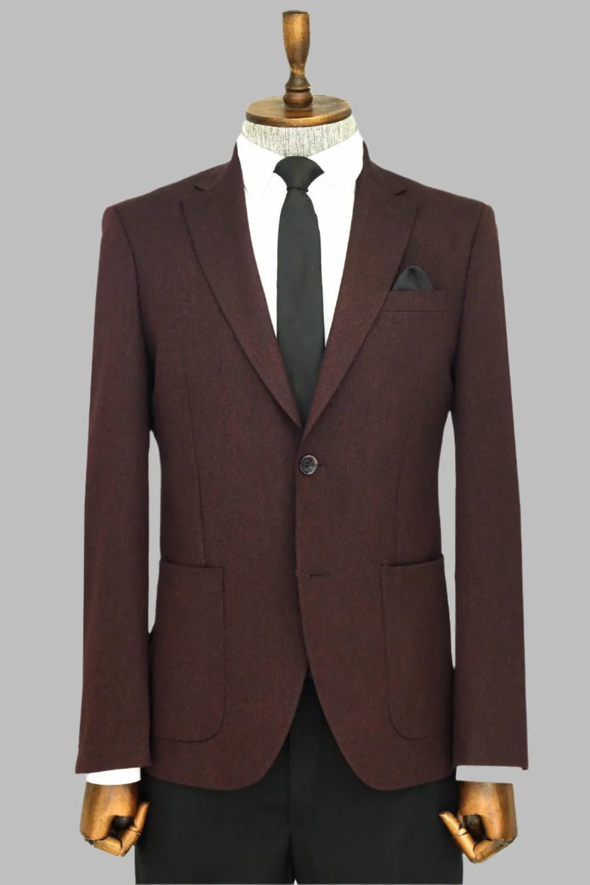 WSS Textured Slim Fit Peak Lapel Burgundy Men Blazer  - Singen