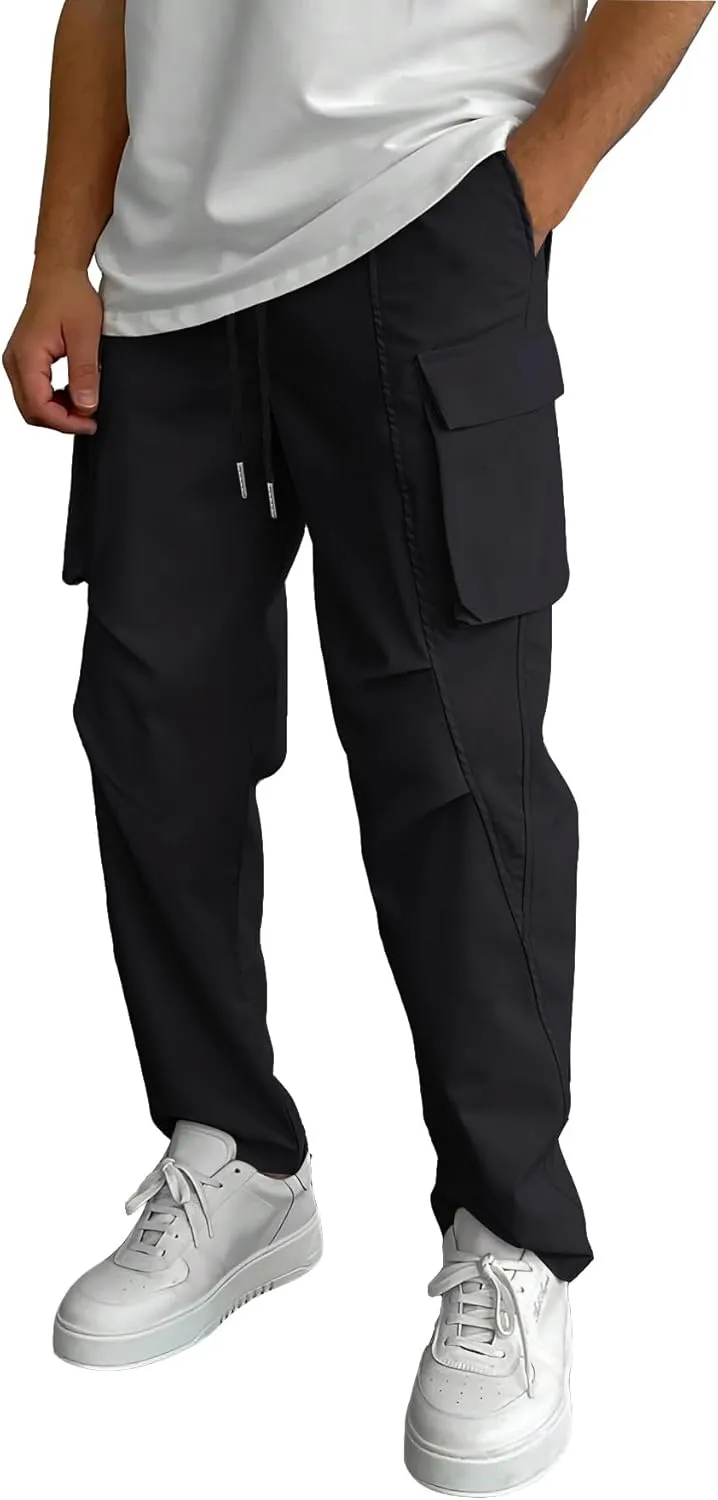 WZIKAI Men's Casual Cargo Pants Elastic Waist Drawstring Joggers Pants Athletic Techwear Jogging Sweatpants with Pockets